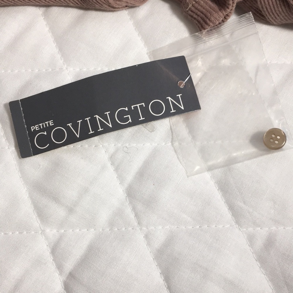 Covington 100% Cotton Tan Knit Fringes Ruffle Front Button Blouse Size S Petites - Picture 10 of 12